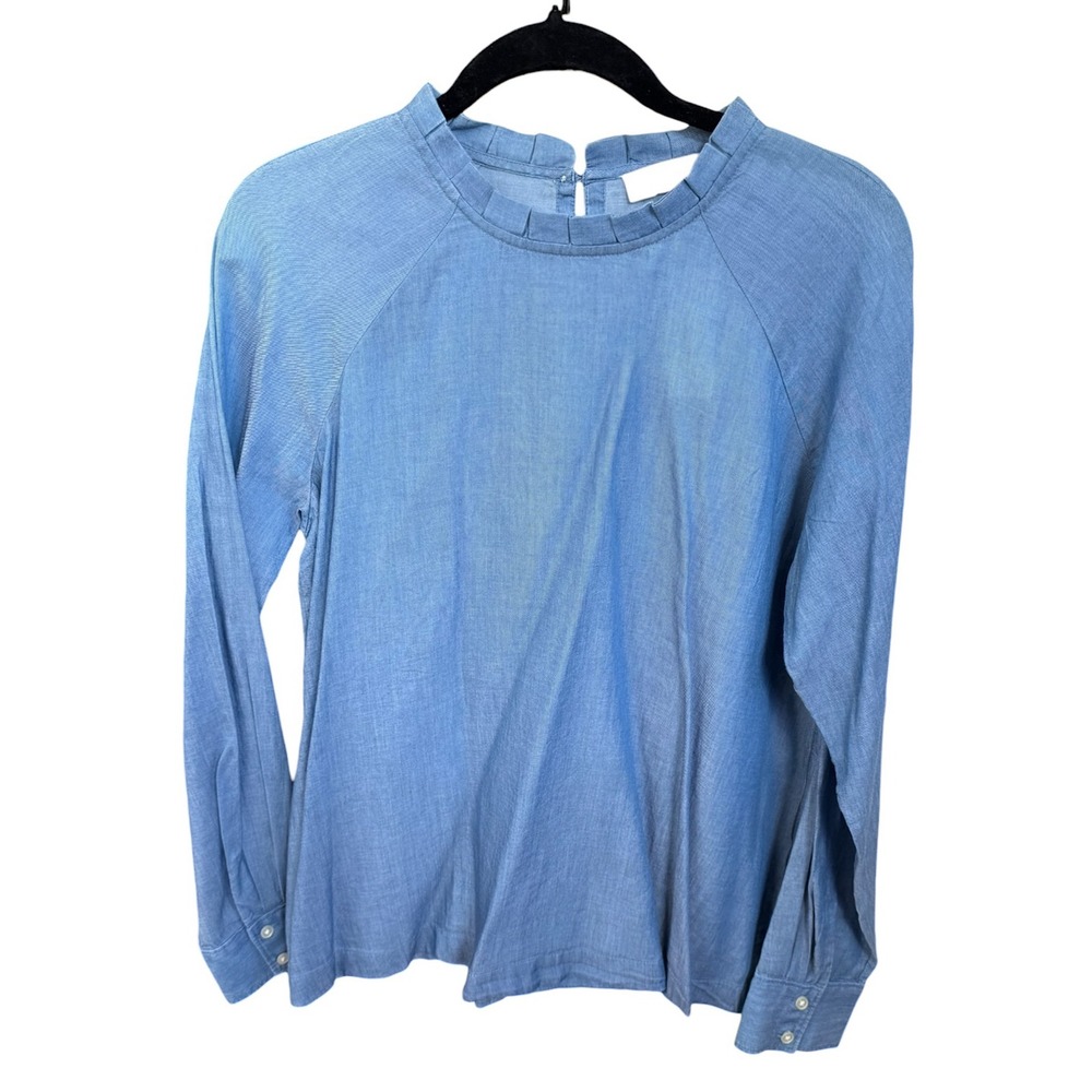 NWT Loft Denim Ruffle Neck Long Sleeve Blouse (Small)